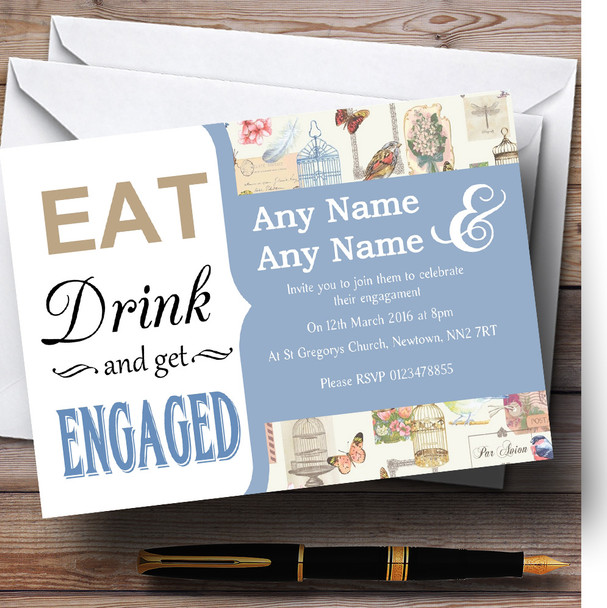 Blue Eat Drink Vintage Birdcage Customised Engagement Party Invitations