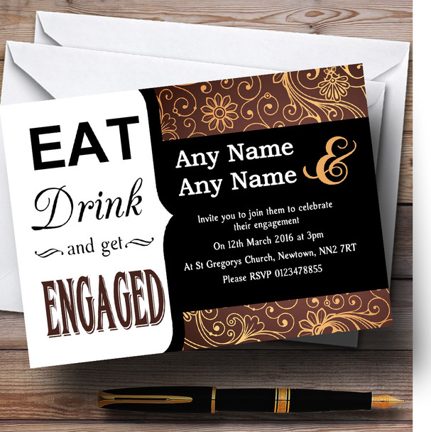 Brown And Gold Vintage Damask Eat Drink Customised Engagement Party Invitations
