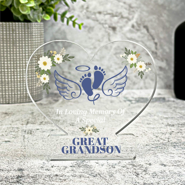 Great Grandson Blue Baby Feet Wings Baby Memorial Gift Heart Keepsake Plaque