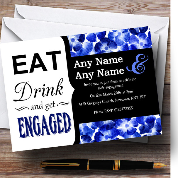 Eat Drink Blue Watercolour Flowers Customised Engagement Party Invitations