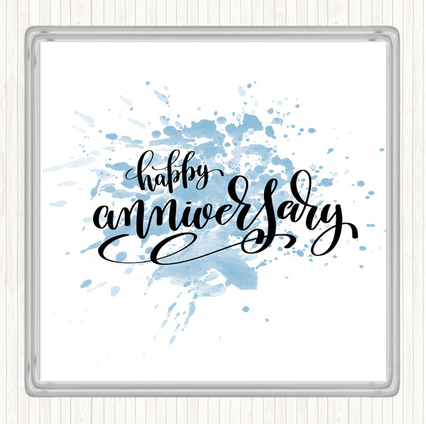 Blue White Happy Anniversary Inspirational Quote Coaster