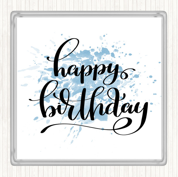 Blue White Happy Birthday Swirl Inspirational Quote Coaster
