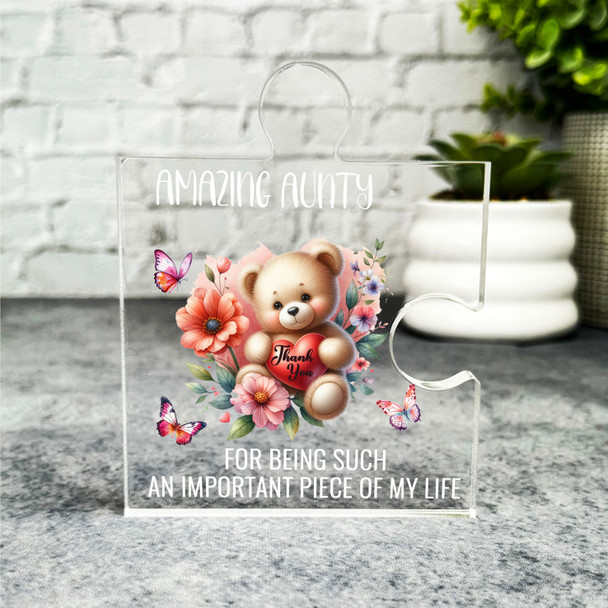 Gift For Aunty Cute Floral Teddy Bear Heart Puzzle Piece Keepsake Plaque Present