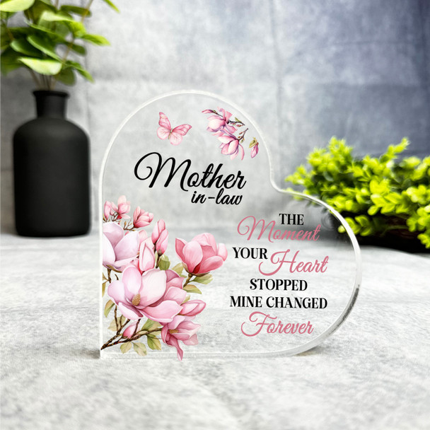 Mother-In-Law Pink Magnolia Memorial Heart Gift Side Heart Keepsake Plaque
