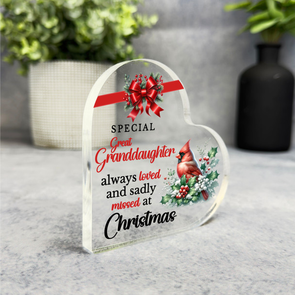 Great Granddaughter Cardinal Bird Christmas Memorial Gift Heart Keepsake Plaque