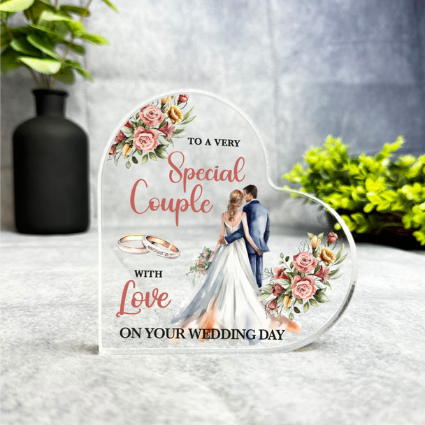 Floral Watercolour Bride Groom Wedding Day Gift Side Heart Keepsake Plaque