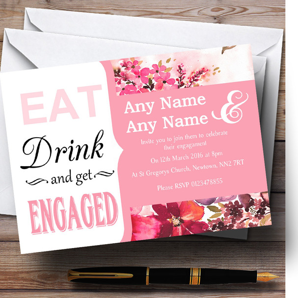 Pink Floral Eat Drink Vintage Customised Engagement Party Invitations