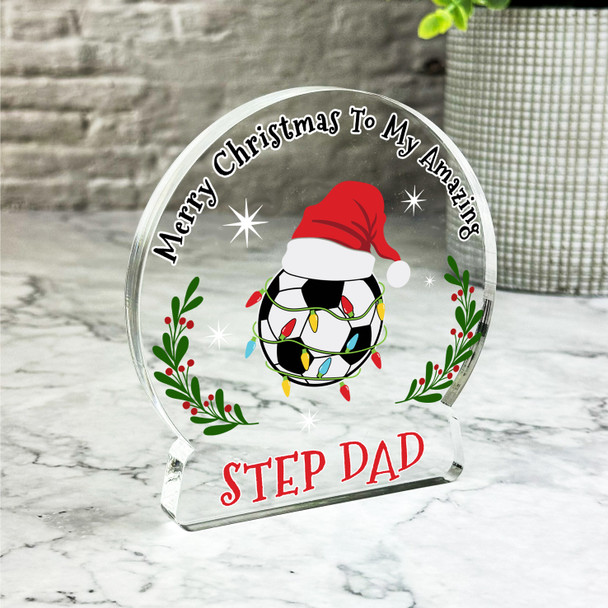 Gift For Step-Dad Football Ball Christmas Hat Lights Snowglobe Keepsake Plaque