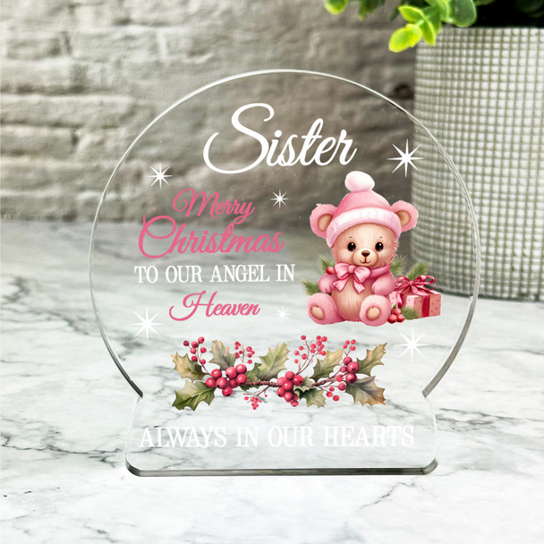 Sister Pink Teddy Bear Christmas Memorial Gift Snowglobe Keepsake Plaque