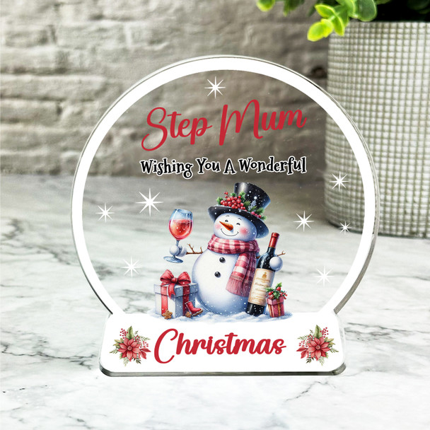 Gift For Step-Mum Christmas Snowman Wine Snowglobe Keepsake Plaque Decoration