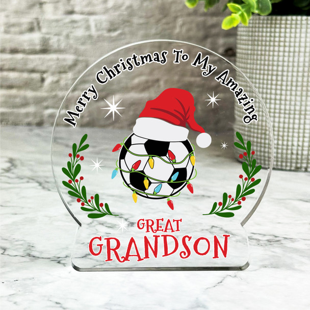 Gift For Great Grandson Football Ball Christmas Hat Snowglobe Keepsake Plaque