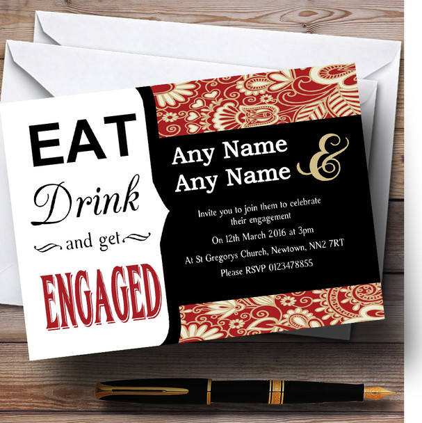 Red Paisley Eat Drink Customised Engagement Party Invitations