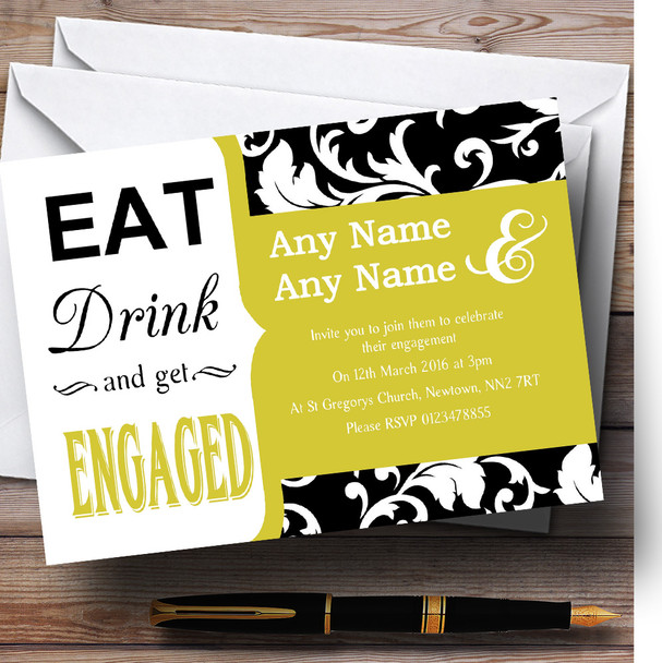 Sage Green Damask Eat Drink Customised Engagement Party Invitations