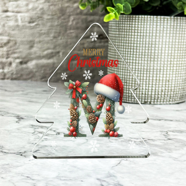 Floral Christmas Alphabet Santa Hat Letter M Gift Xmas Tree Keepsake Plaque