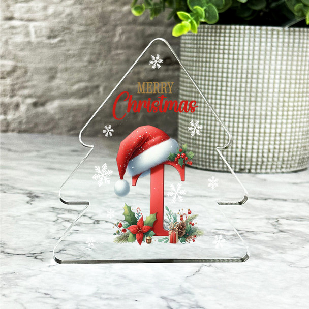 Floral Christmas Alphabet Santa Hat Letter T Gift Xmas Tree Keepsake Plaque