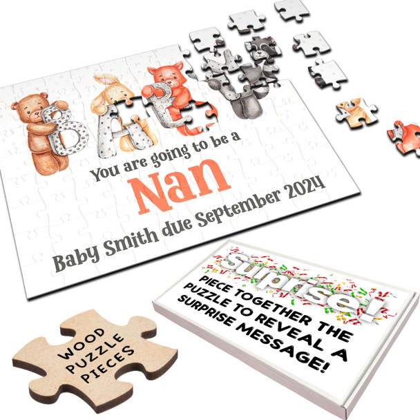 For Nan Pregnancy Baby Announcement Gift Animals Personalised Wood Jigsaw Puzzle