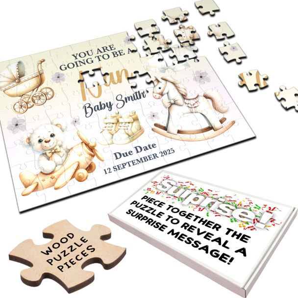 Going To Be A Nan Baby Pregnancy Announcement Gift Boy Custom Wood Jigsaw Puzzle