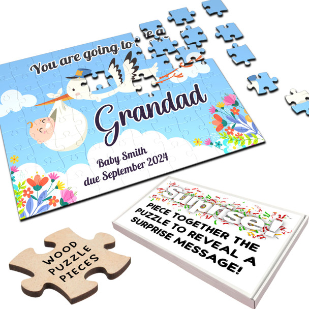 Grandad Pregnancy Announcement Gift Stork Baby Personalised Wooden Jigsaw Puzzle