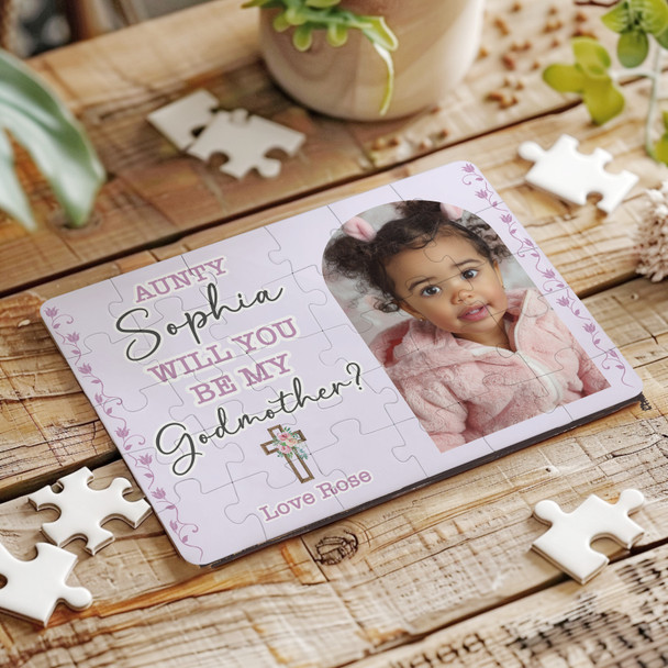 Will You Be My Godmother Gift Floral Cross Photo Personalised Wood Jigsaw Puzzle