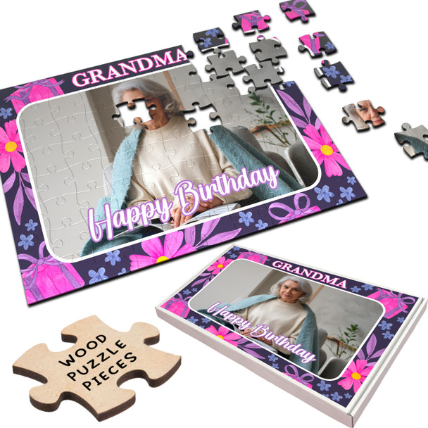 Birthday Gift For Grandma Photo Pink Floral Personalised Wooden Jigsaw Puzzle