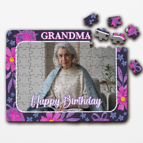 Birthday Gift For Grandma Photo Pink Floral Personalised Wooden Jigsaw Puzzle