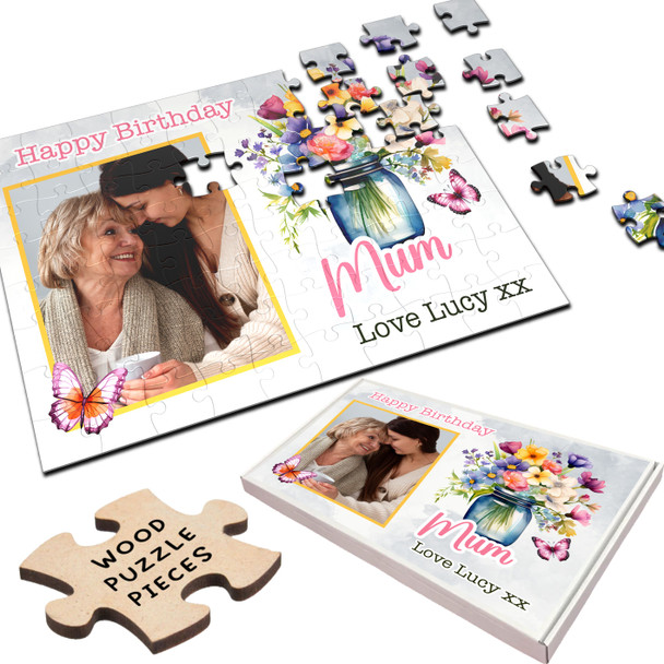 Birthday Gift Mum Flowers Glass Jar Photo Personalised Wooden Jigsaw Puzzle