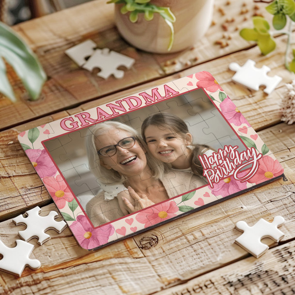 Photo Birthday Gift Grandma Floral Frame Personalised Wooden Jigsaw Puzzle