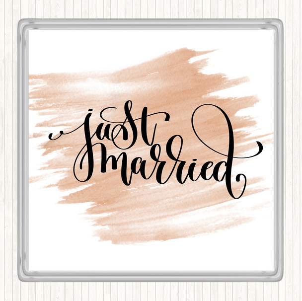 Watercolour Just Married Swirl Quote Coaster