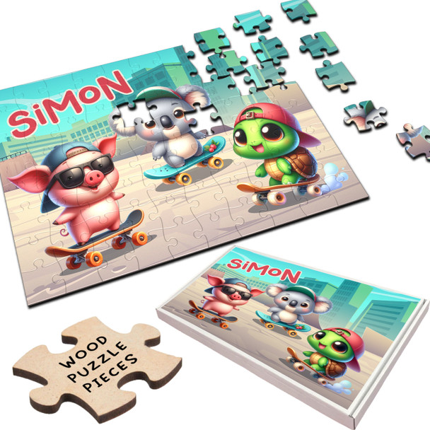 Skateboarding Animals Boys Kids Children's Gift Custom Wood Jigsaw Puzzle