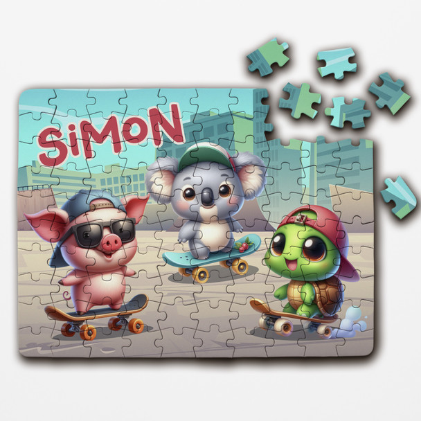 Skateboarding Animals Boys Kids Children's Gift Custom Wood Jigsaw Puzzle
