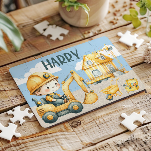Construction Digger Kids Child's Gift For Boys Personalised Wooden Jigsaw Puzzle