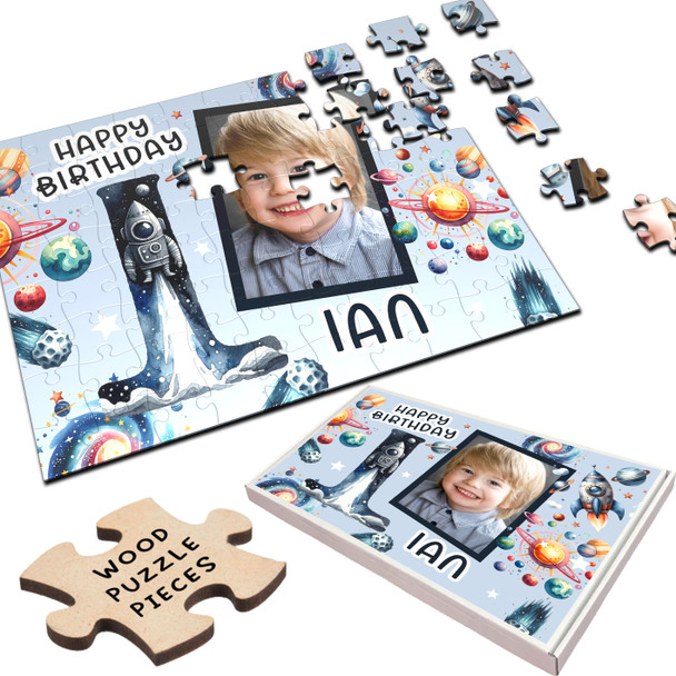 Kids Birthday Gift Boy Space Letter I Photo Personalised Wooden Jigsaw Puzzle