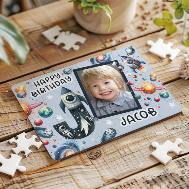Kids Birthday Gift Boy Space Letter J Photo Personalised Wooden Jigsaw Puzzle