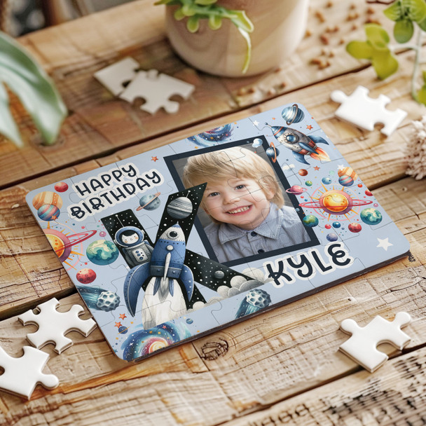 Kids Birthday Gift Boy Space Letter K Photo Personalised Wooden Jigsaw Puzzle