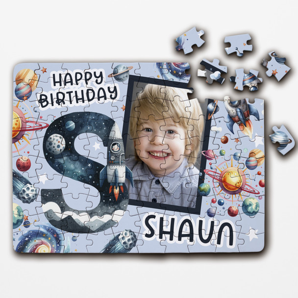 Kids Birthday Gift Boy Space Letter S Photo Personalised Wooden Jigsaw Puzzle