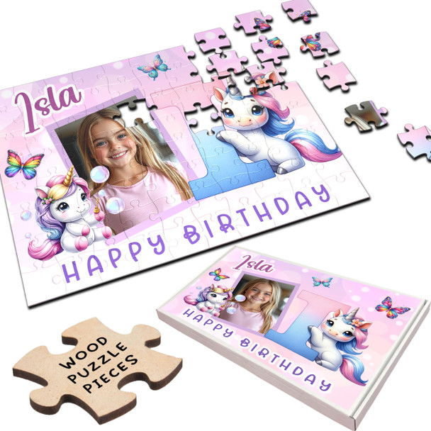 Kids Birthday Gift Girl Unicorn Letter I Photo Personalised Wooden Jigsaw Puzzle