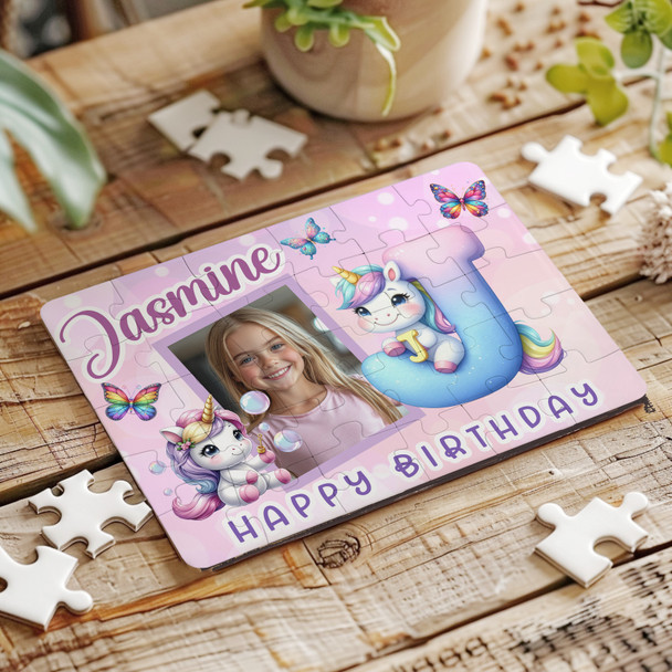 Kids Birthday Gift Girl Unicorn Letter J Photo Personalised Wooden Jigsaw Puzzle