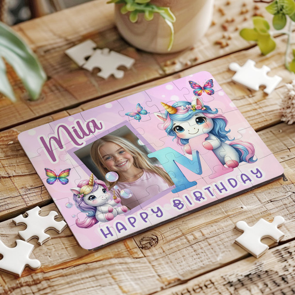 Kids Birthday Gift Girl Unicorn Letter M Photo Personalised Wooden Jigsaw Puzzle