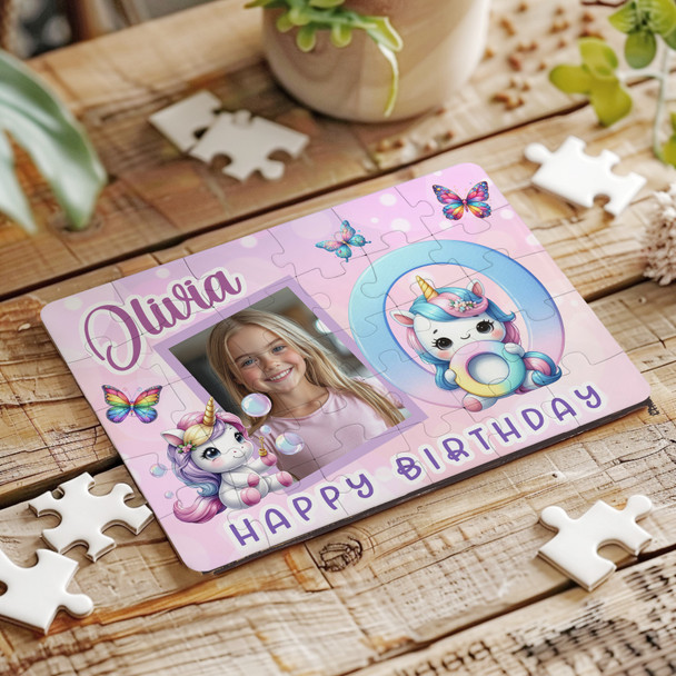 Kids Birthday Gift Girl Unicorn Letter O Photo Personalised Wooden Jigsaw Puzzle