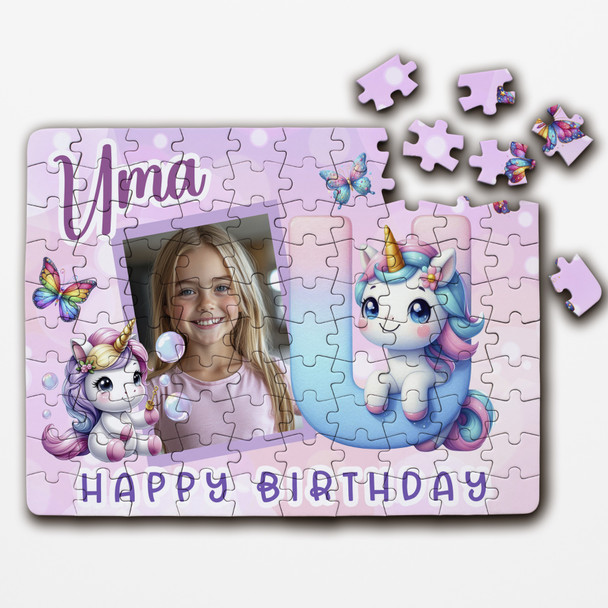 Kids Birthday Gift Girl Unicorn Letter U Photo Personalised Wooden Jigsaw Puzzle