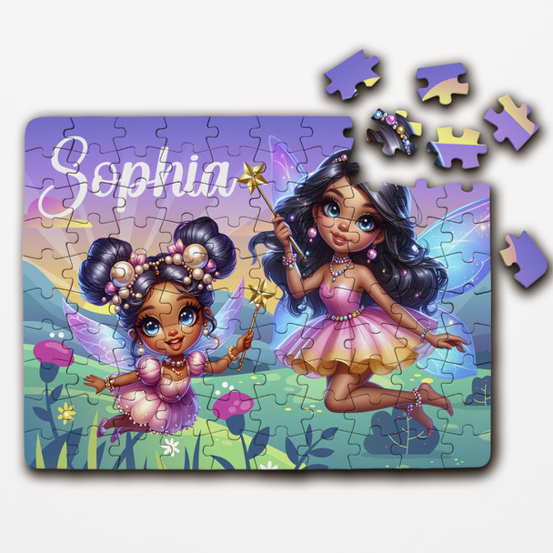 Kids Dark Skin Cute Fairies Gift For Girls Personalised Wooden Jigsaw Puzzle