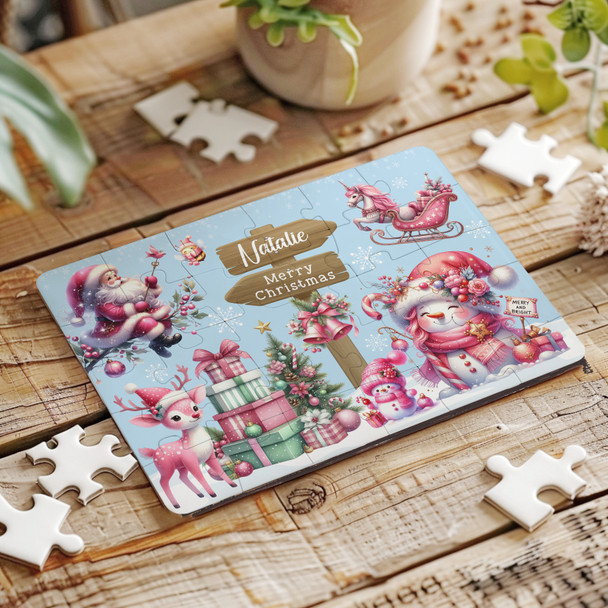 Pink Festive Kids Christmas Gift For Girls Personalised Wooden Jigsaw Puzzle