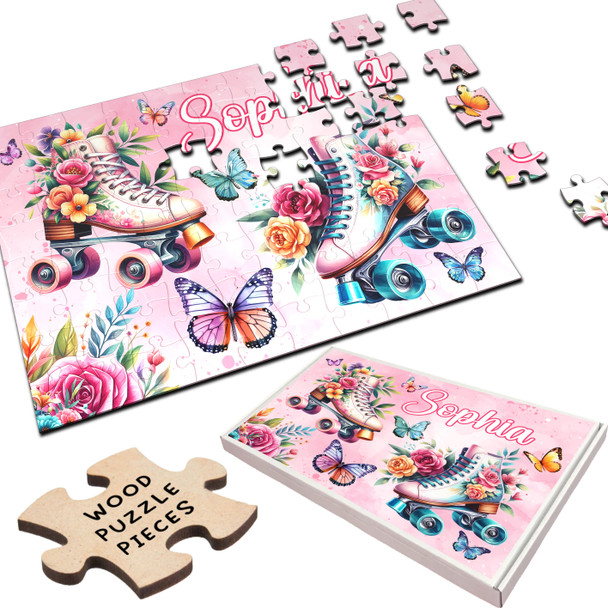 Floral Butterfly Roller Skating Gift Girls Personalised Wooden Jigsaw Puzzle