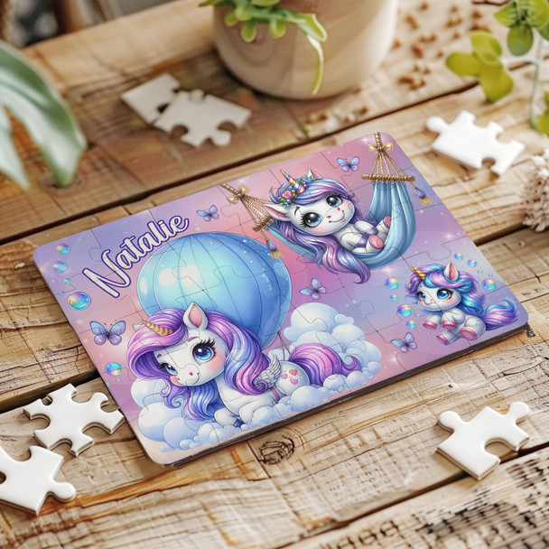 Pink Purple Unicorns Kids Gift For Girls Personalised Wooden Jigsaw Puzzle