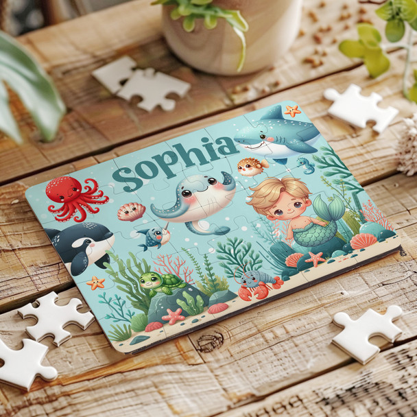 Sealife Shark Whale Kids Children's Gift Personalised Wooden Jigsaw Puzzle
