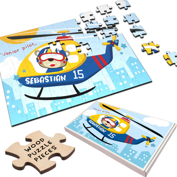 Teddy Bear Helicopter Pilot Children's Kids Gift Personalised Wood Jigsaw Puzzle