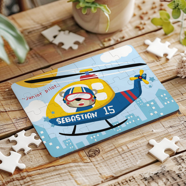 Teddy Bear Helicopter Pilot Children's Kids Gift Personalised Wood Jigsaw Puzzle