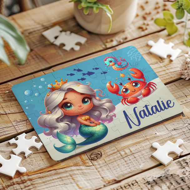 White Hair Mermaids Sealife Gift For Girls Personalised Wooden Jigsaw Puzzle