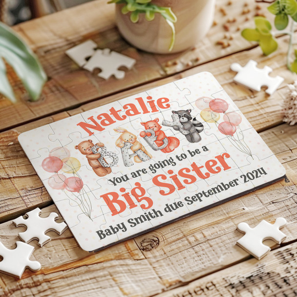 For Big Sister Pregnancy Announcement Gift Animals Custom Wood Jigsaw Puzzle