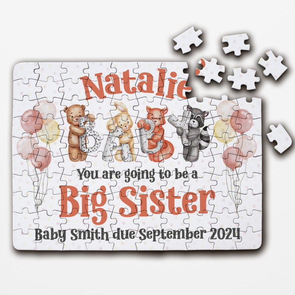 For Big Sister Pregnancy Announcement Gift Animals Custom Wood Jigsaw Puzzle